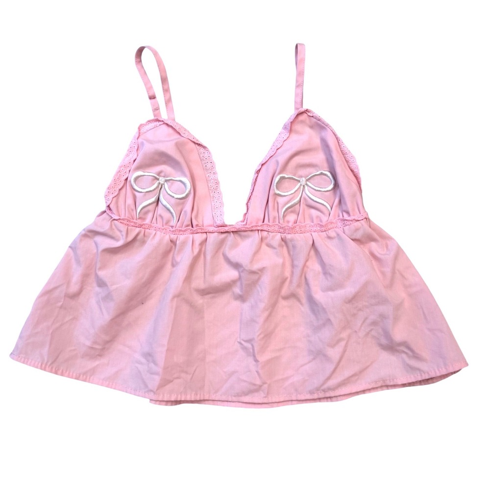 Faded Rose Pink Bow Coquette Embroidered Babydoll Camisole Top Eyelet Lace S